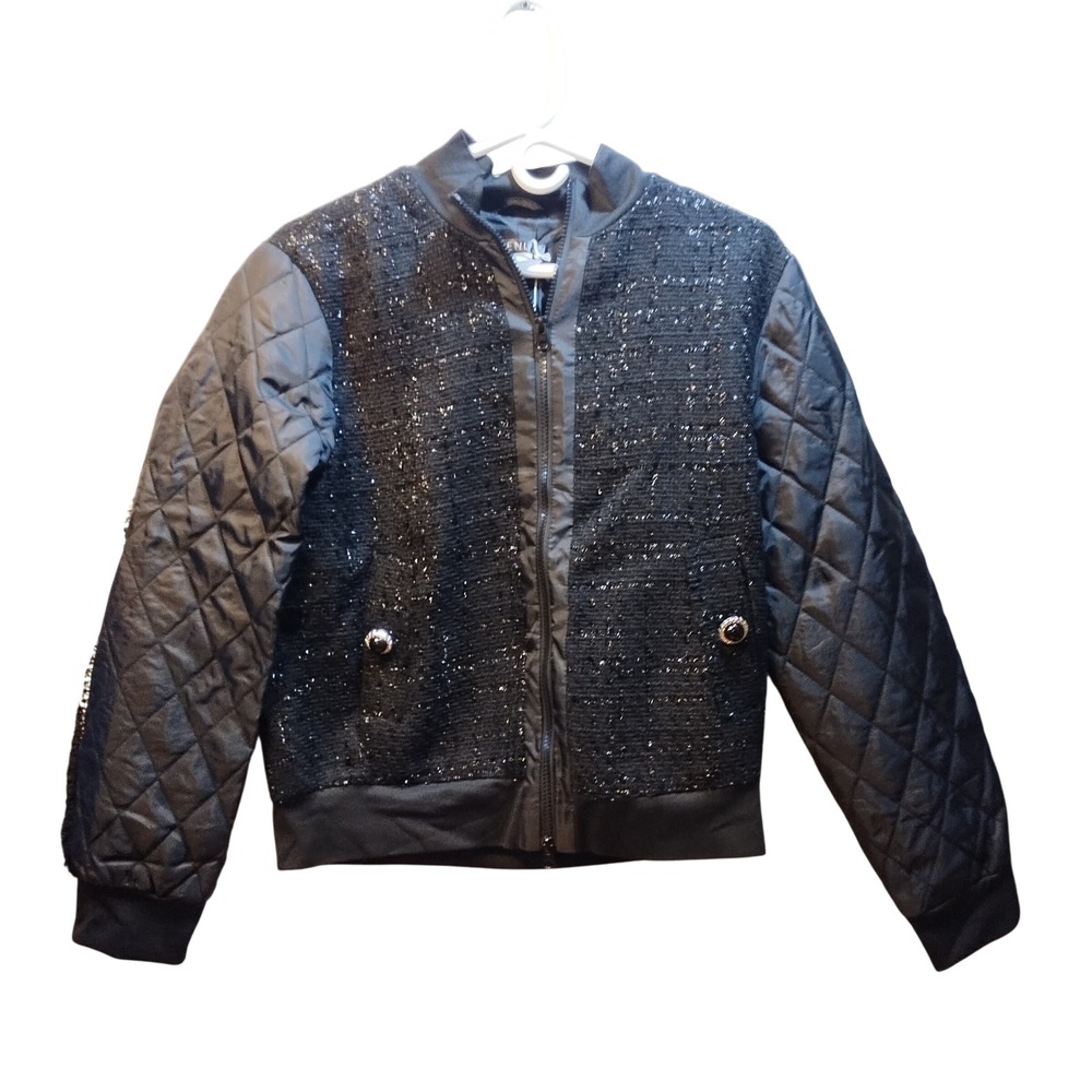 Venus Black Quilted Sparkle Tweed Bomber Jacket Lined Women's Size 10‎
